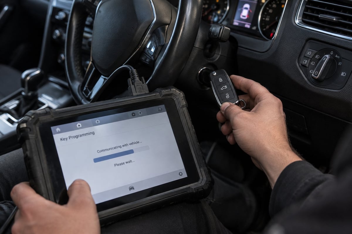 Technician diagnosing a vehicle ignition using diagnostic equipment