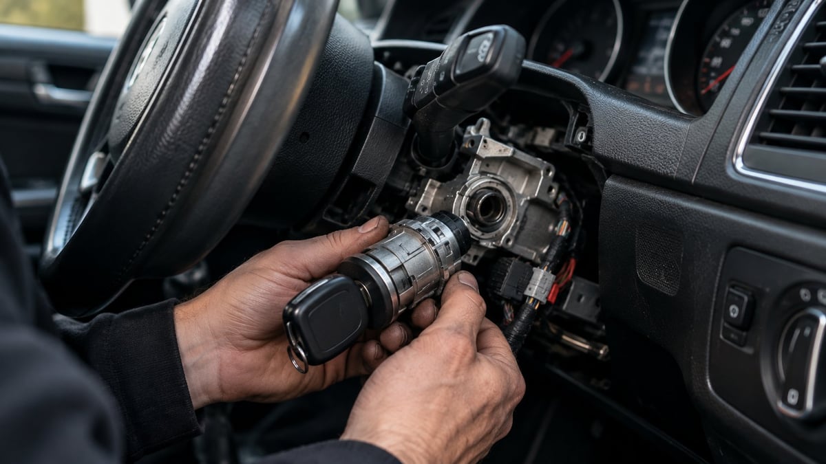 Mechanic's hands installing an ignition switch component into a car steering column