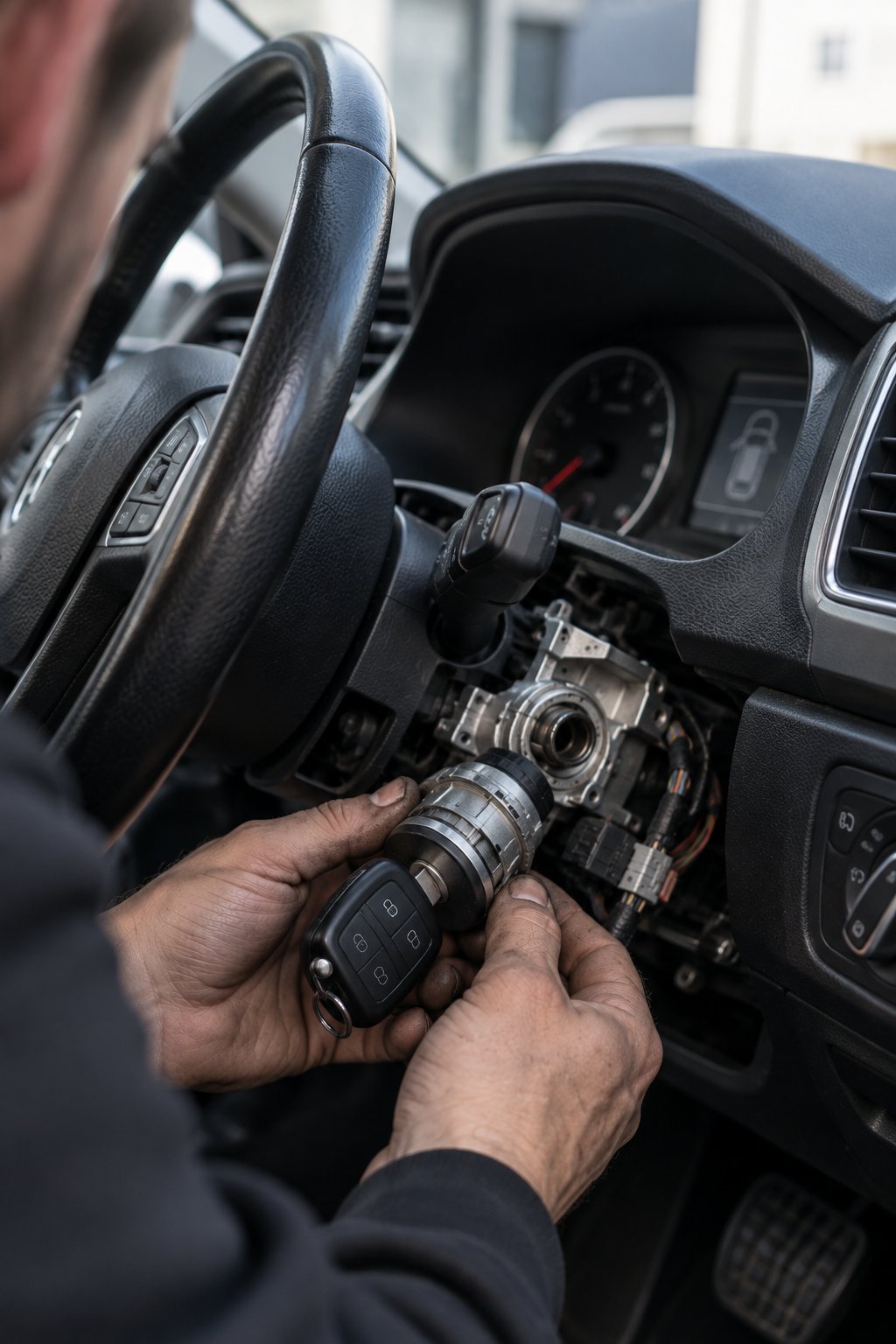 Person holding a car key fob inside a vehicle with steering wheel and dashboard visible